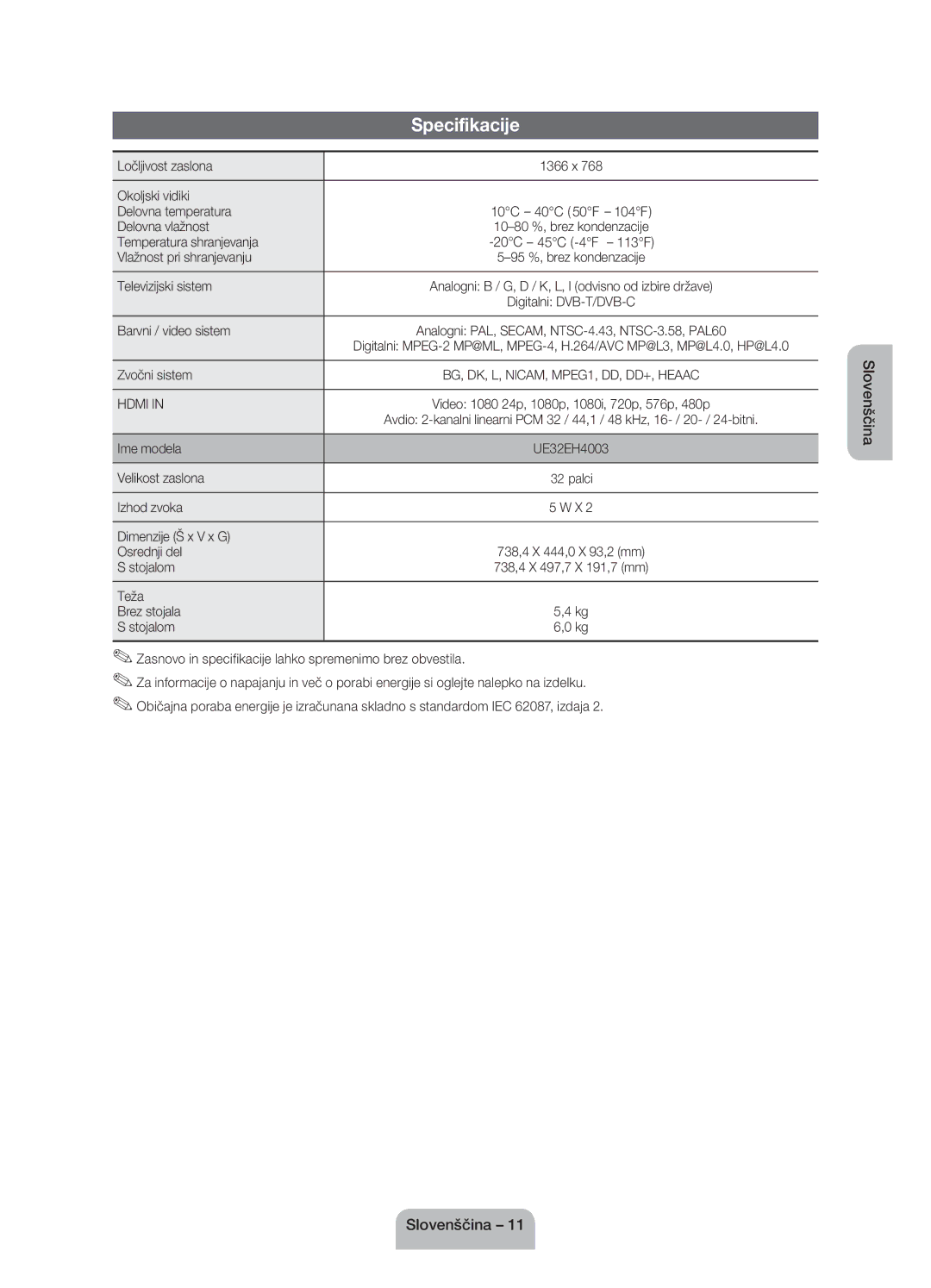 Samsung UE32EH4003WXXH manual Specifikacije 