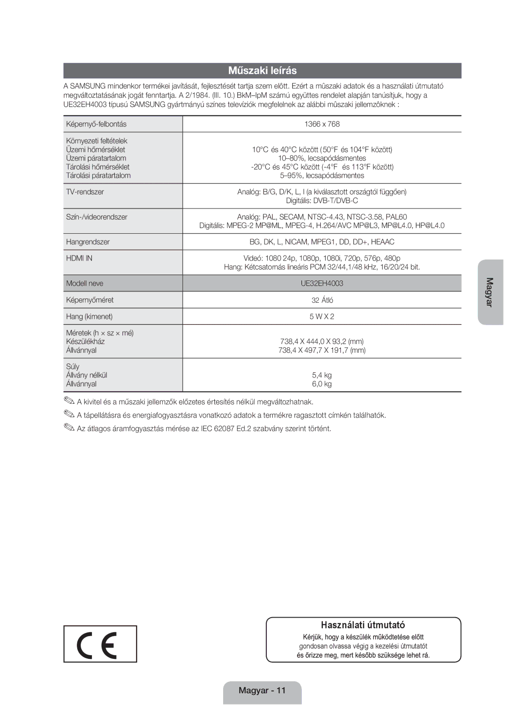 Samsung UE32EH4003WXXH manual Műszaki leírás 