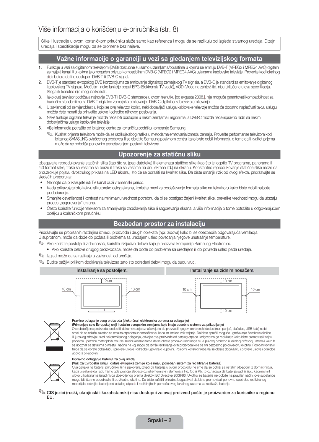 Samsung UE32EH4003WXXH manual Upozorenje za statičnu sliku, Bezbedan prostor za instalaciju, Instaliranje sa postoljem 