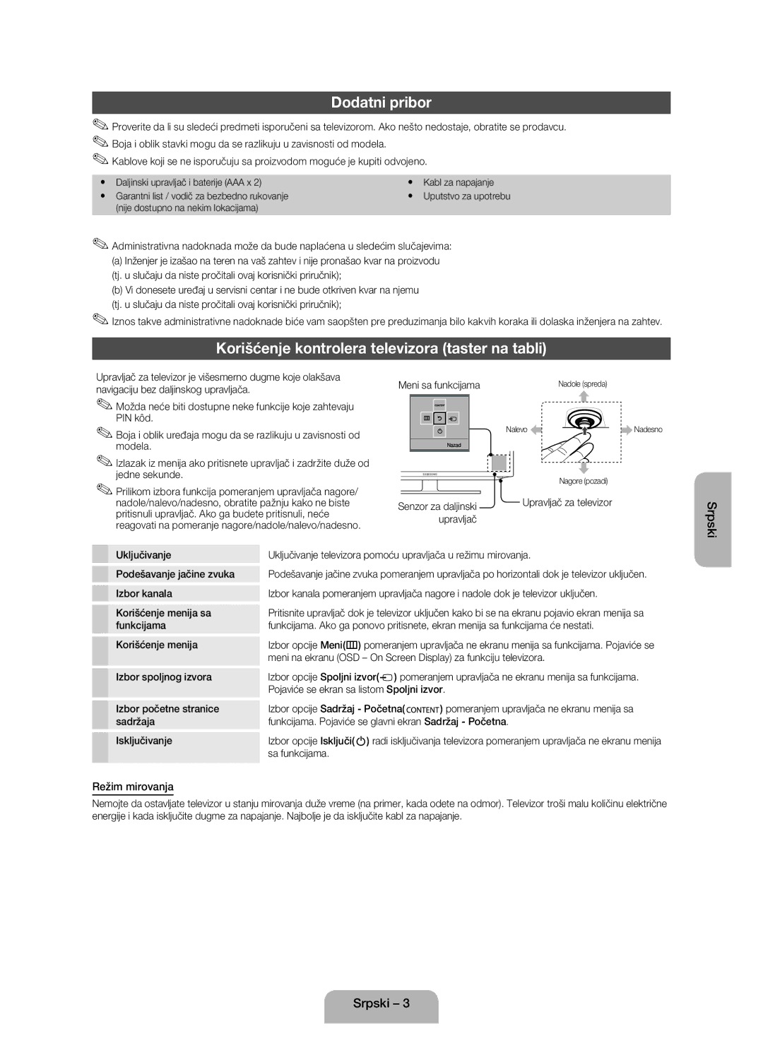 Samsung UE32EH4003WXXH manual Dodatni pribor, Korišćenje kontrolera televizora taster na tabli, Režim mirovanja 