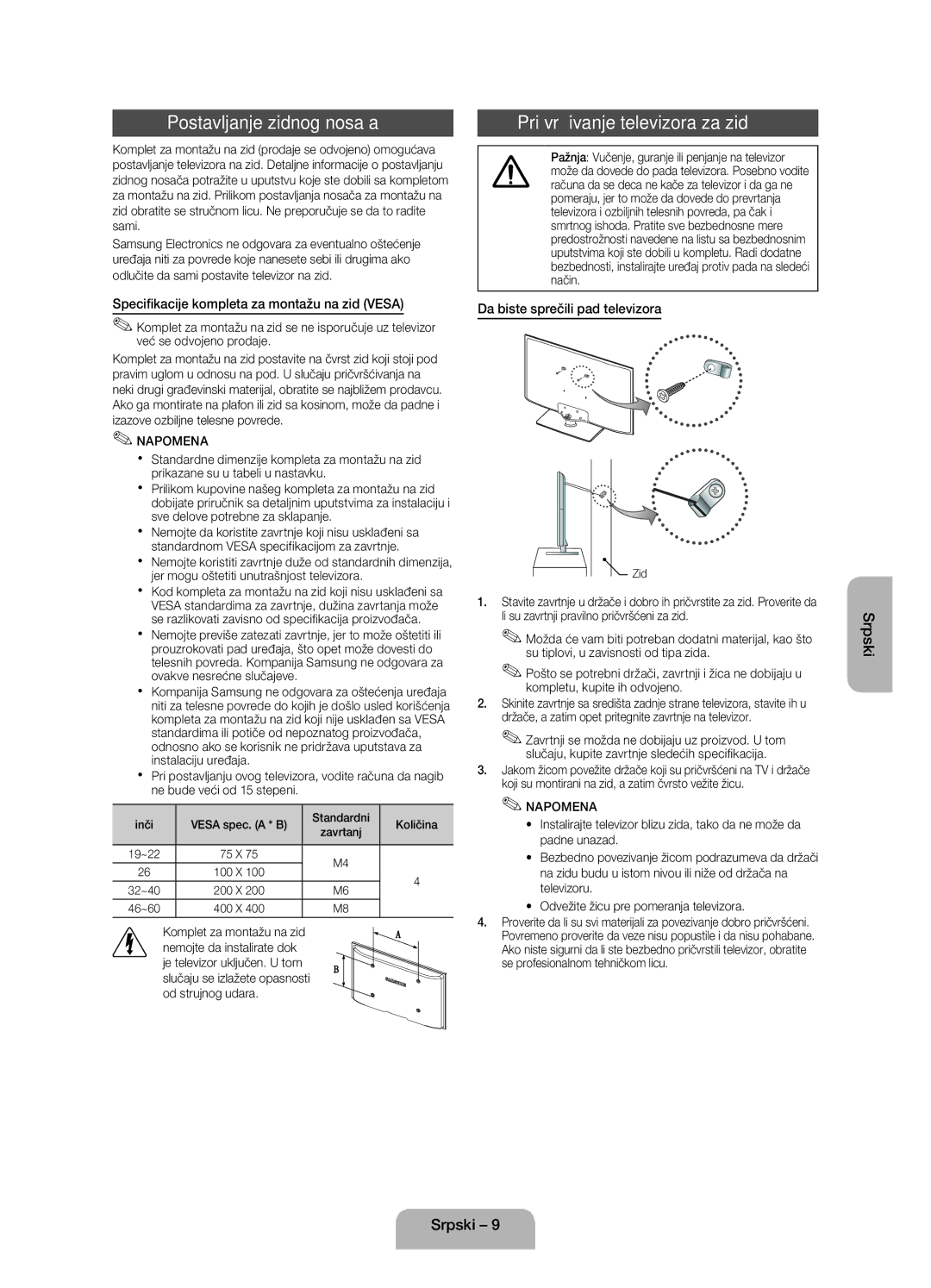 Samsung UE32EH4003WXXH Postavljanje zidnog nosača, Pričvršćivanje televizora za zid, Da biste sprečili pad televizora 