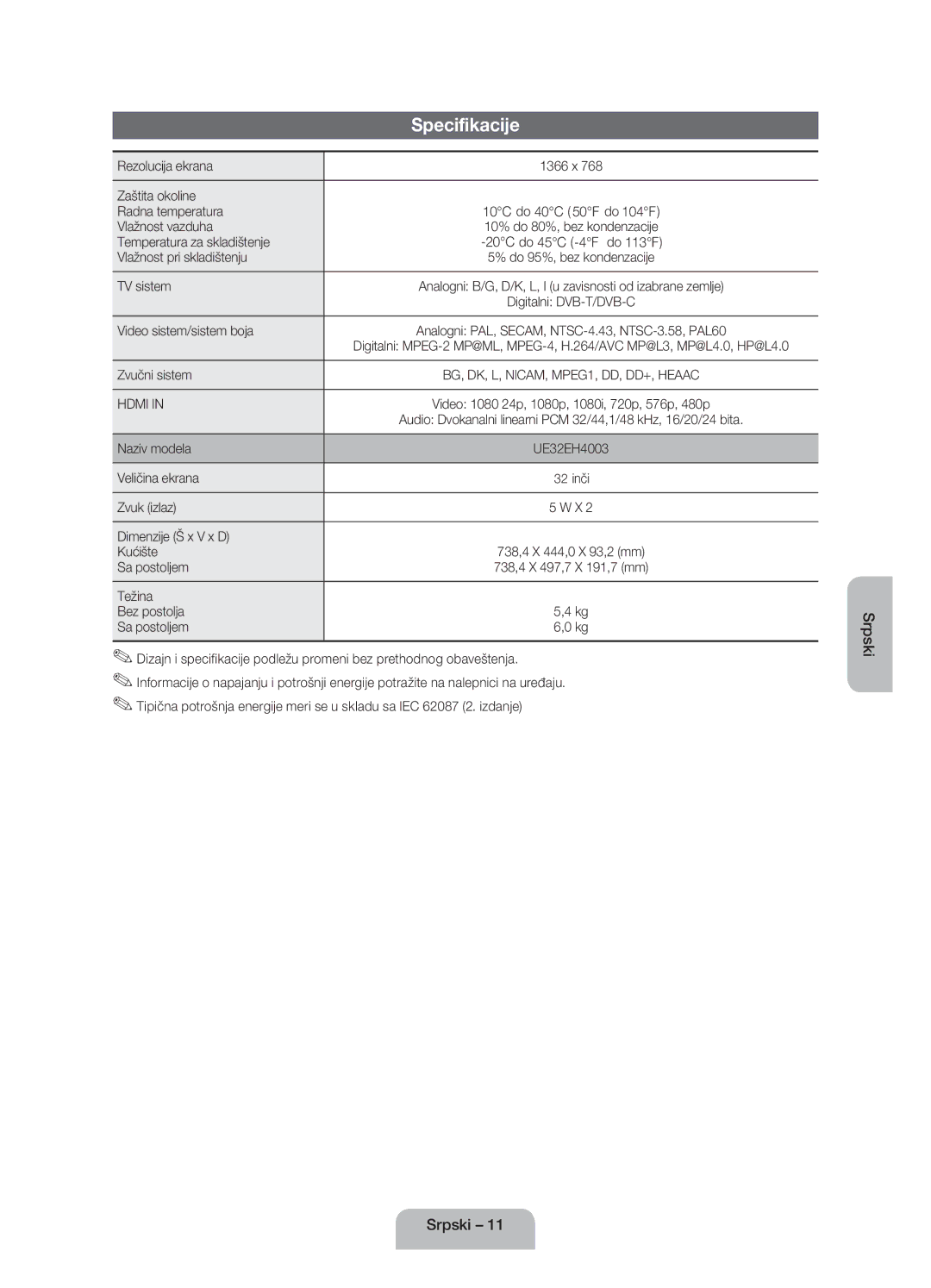 Samsung UE32EH4003WXXH Rezolucija ekrana, Zaštita okoline Radna temperatura, Vlažnost vazduha, Temperatura za skladištenje 