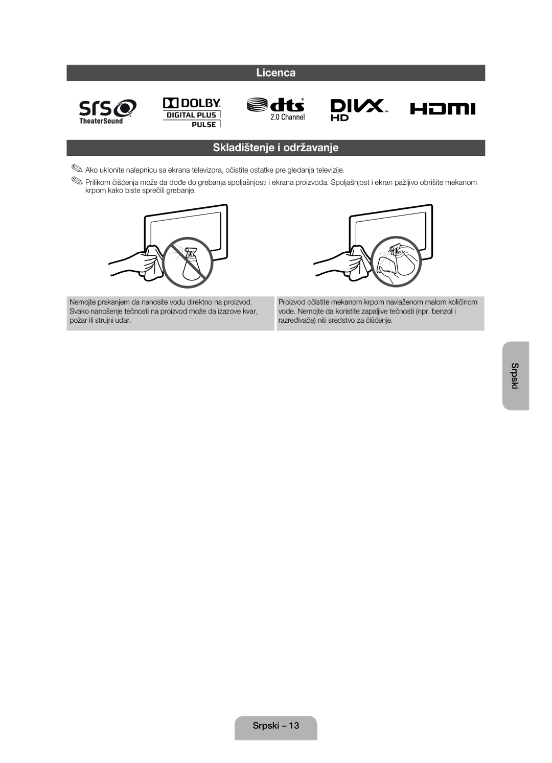 Samsung UE32EH4003WXXH manual Licenca Skladištenje i održavanje 