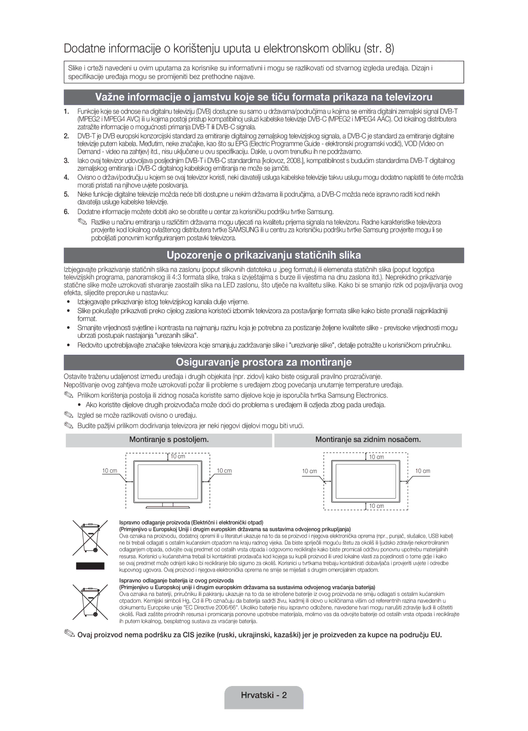 Samsung UE32EH4003WXXH manual Upozorenje o prikazivanju statičnih slika, Osiguravanje prostora za montiranje 