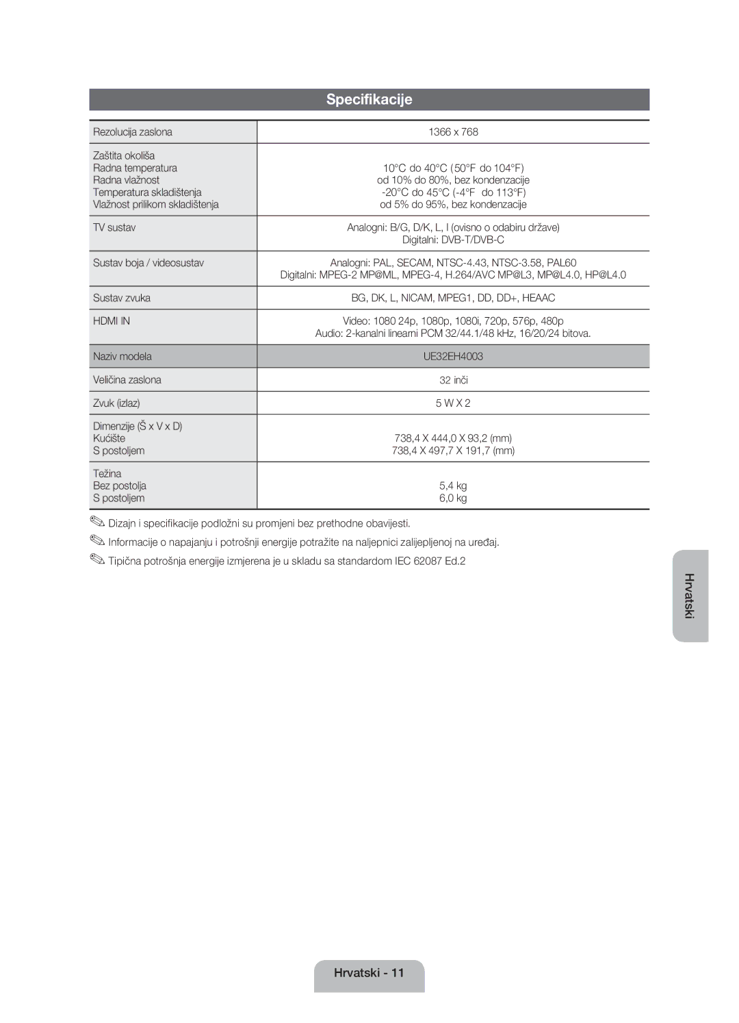 Samsung UE32EH4003WXXH Rezolucija zaslona, Zaštita okoliša Radna temperatura, Radna vlažnost, Temperatura skladištenja 