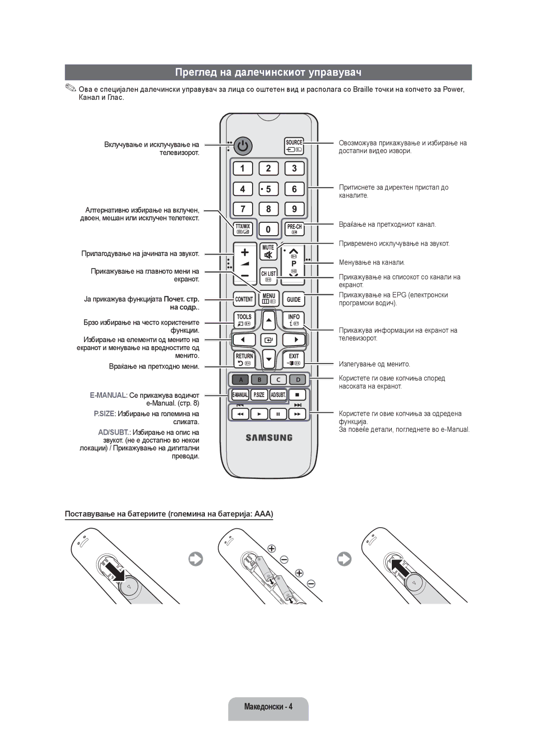 Samsung UE32EH4003WXXH manual Преглед на далечинскиот управувач, Поставување на батериите големина на батерија AAA 