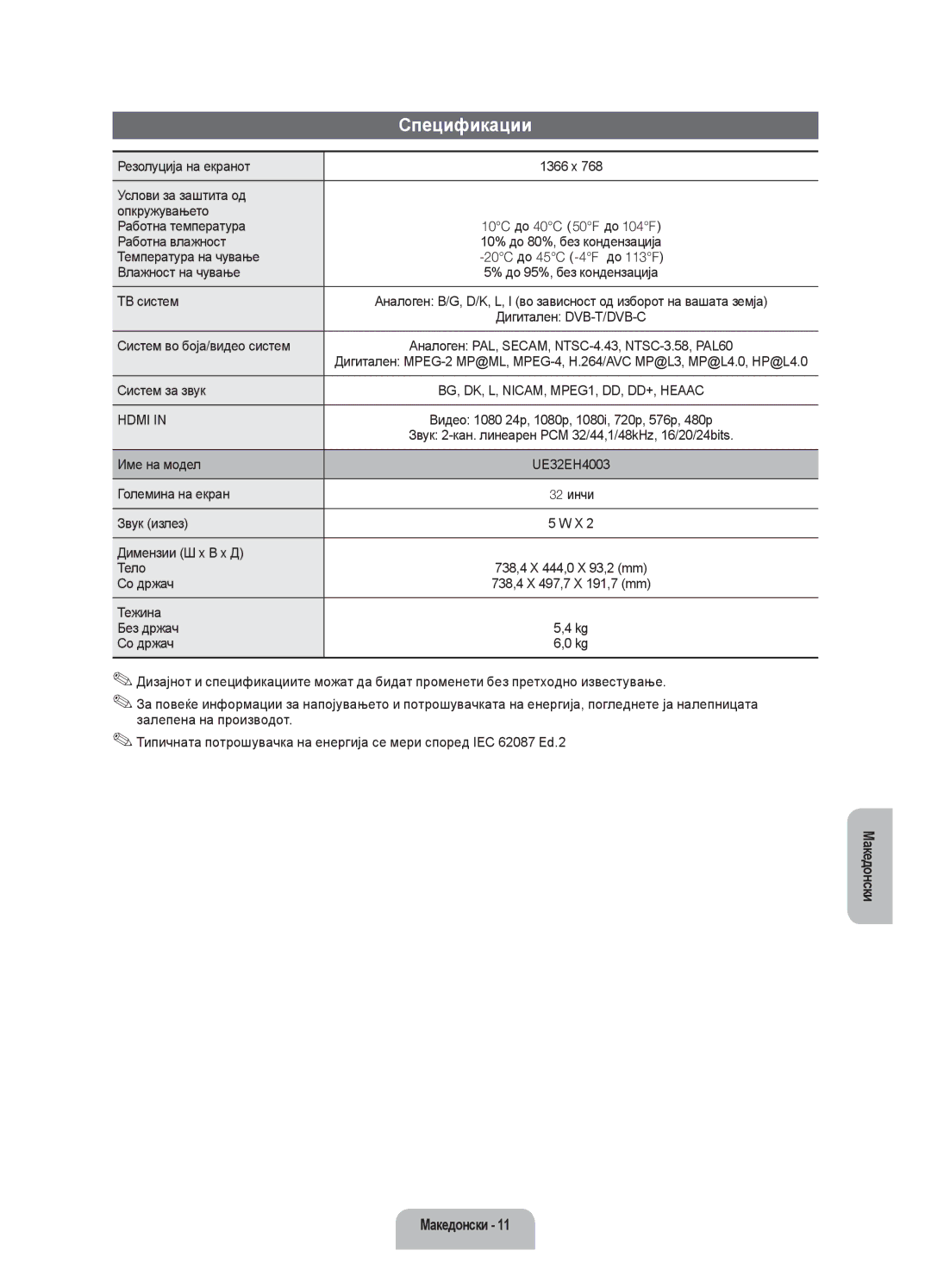 Samsung UE32EH4003WXXH manual Спецификации 