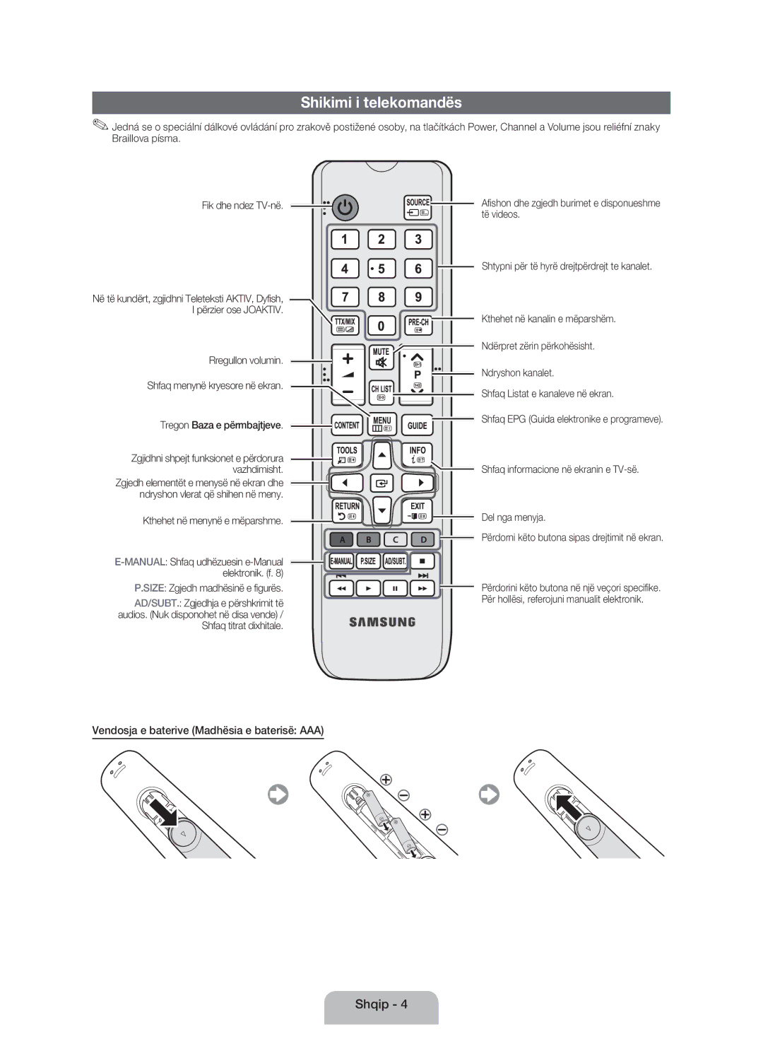 Samsung UE32EH4003WXXH Shikimi i telekomandës, Vendosja e baterive Madhësia e baterisë AAA, Kthehet në menynë e mëparshme 