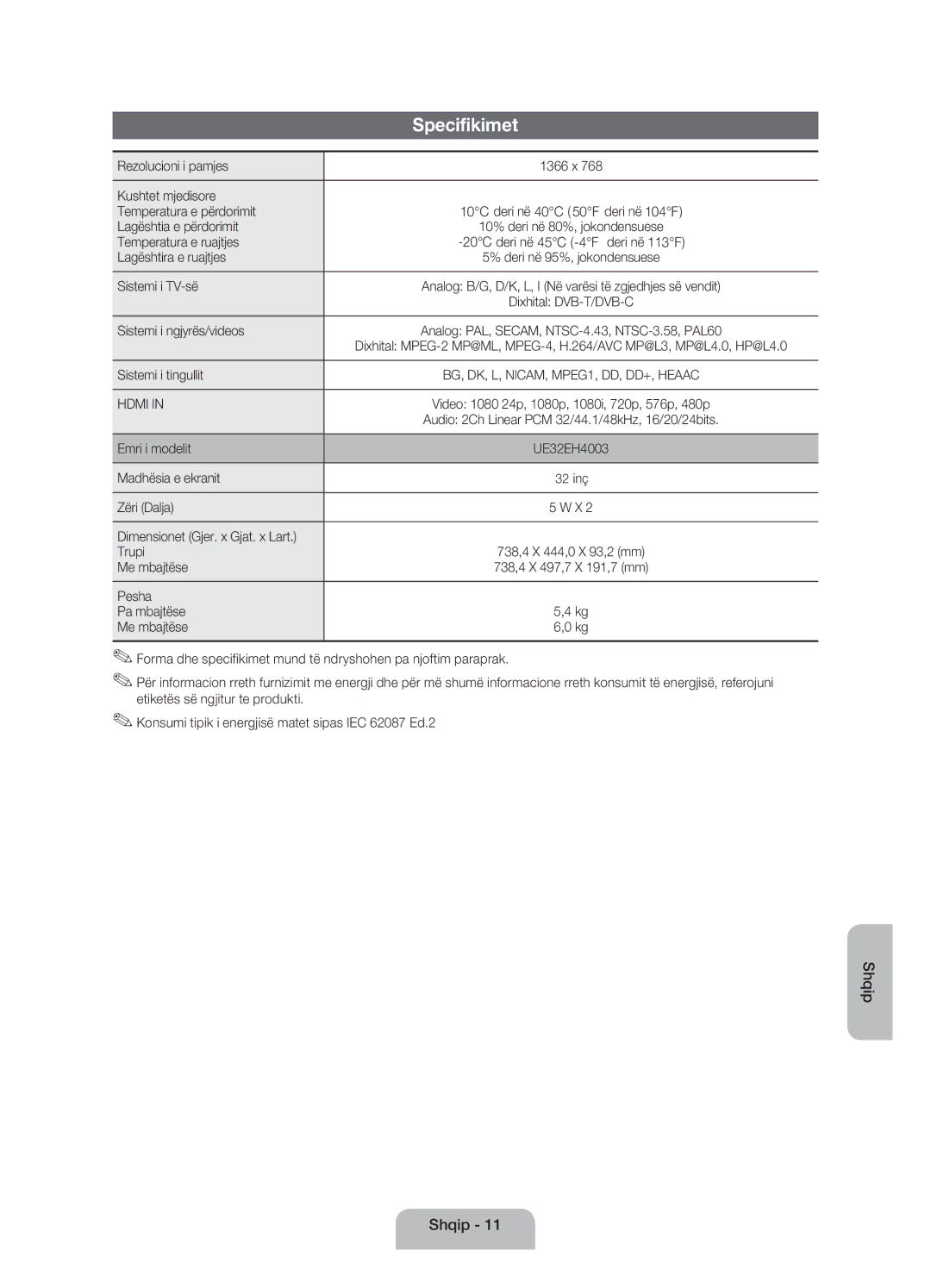 Samsung UE32EH4003WXXH manual Specifikimet 