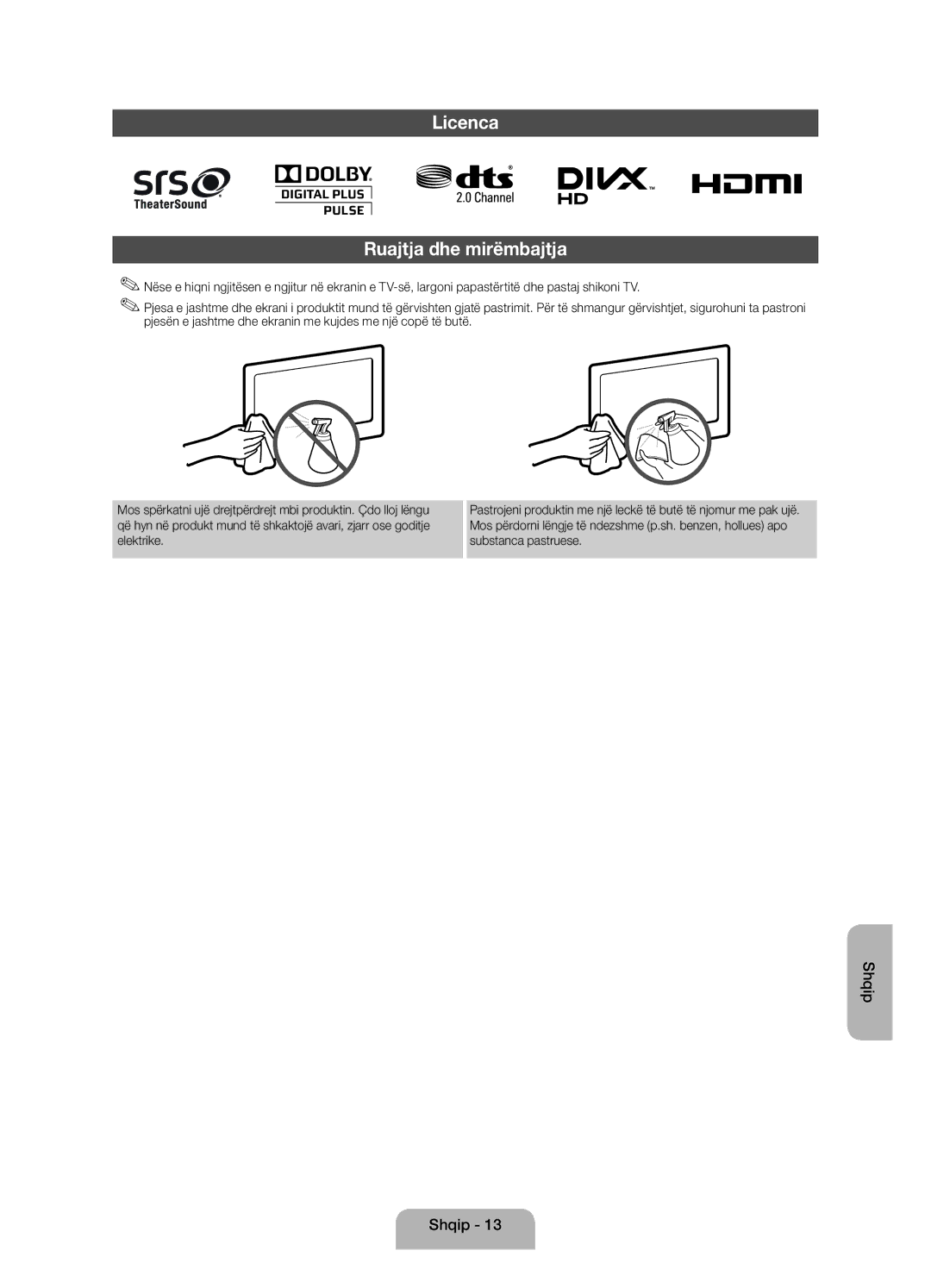 Samsung UE32EH4003WXXH manual Licenca Ruajtja dhe mirëmbajtja 