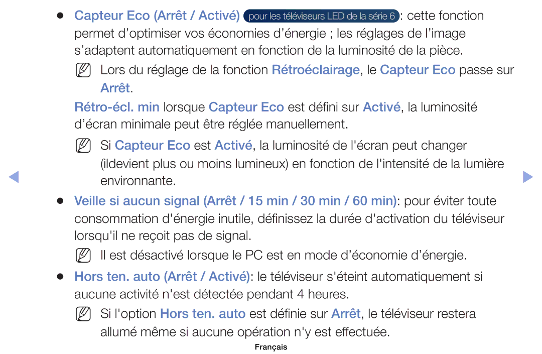 Samsung UE40EH6030WXZF, UE32EH4003WXZF, UE39EH5003WXZF manual Capteur Eco Arrêt / Activé, Activé, la luminosité, Environnante 