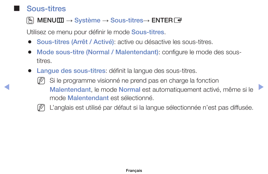 Samsung UE32EH6030WXZF, UE32EH4003WXZF manual OOMENUm → Système → Sous-titres→ Entere, Mode Malentendant est sélectionné 