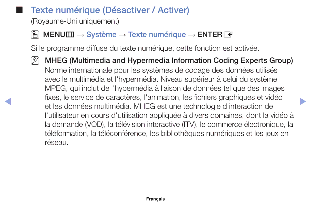 Samsung UE32EH4003WXZF, UE39EH5003WXZF, UE40EH6030WXZF manual Texte numérique Désactiver / Activer, Royaume-Uni uniquement 