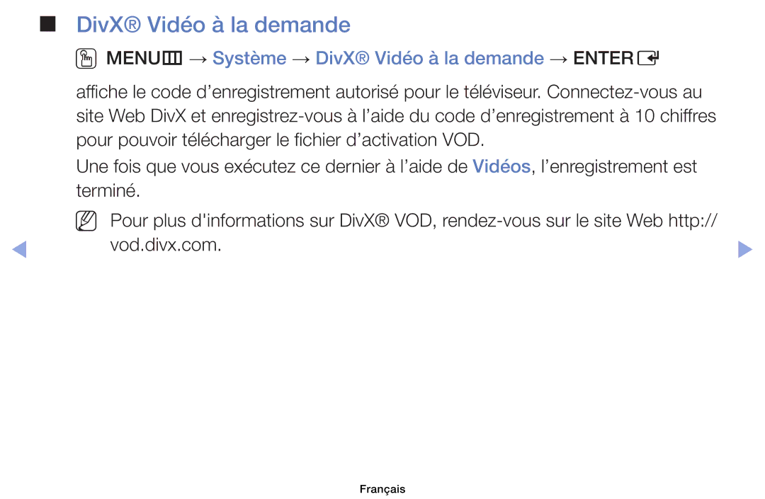 Samsung UE32EH6030WXZF, UE32EH4003WXZF manual OOMENUm → Système → DivX Vidéo à la demande → Entere, Vod.divx.com 