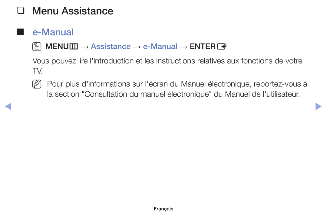 Samsung UE40EH6030WXZF, UE32EH4003WXZF, UE39EH5003WXZF manual Menu Assistance, OOMENUm → Assistance → e-Manual → Entere 