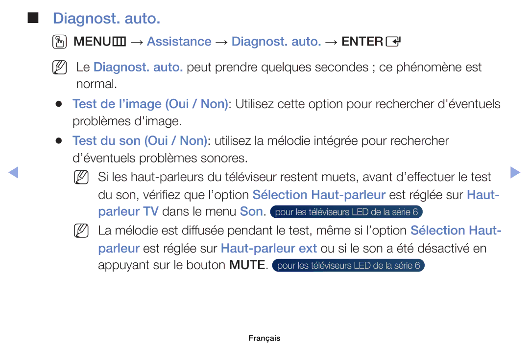 Samsung UE46EH6030WXZF manual OOMENUm → Assistance → Diagnost. auto. → Entere, Normal, Parleur TV dans le menu Son 