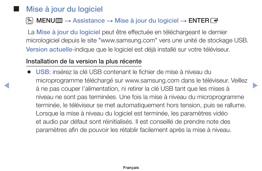 Samsung UE32EH4003WXZF, UE39EH5003WXZF, UE40EH6030WXZF manual OOMENUm → Assistance → Mise à jour du logiciel → Entere 