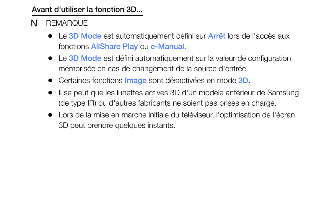 Samsung UE32EH6030WXZF, UE32EH4003WXZF, UE39EH5003WXZF Avant dutiliser la fonction 3D, Fonctions AllShare Play ou e-Manual 