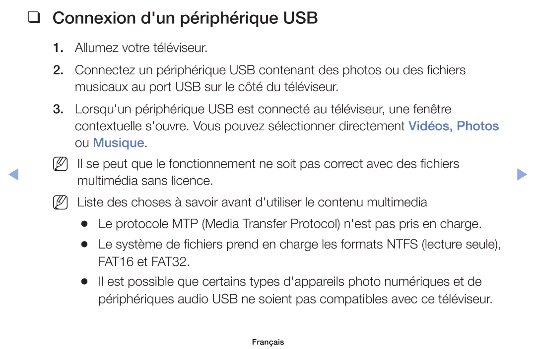 Samsung UE46EH6030WXZF, UE32EH4003WXZF, UE39EH5003WXZF, UE40EH6030WXZF, UE32EH6030WXZF manual Connexion dun périphérique USB 