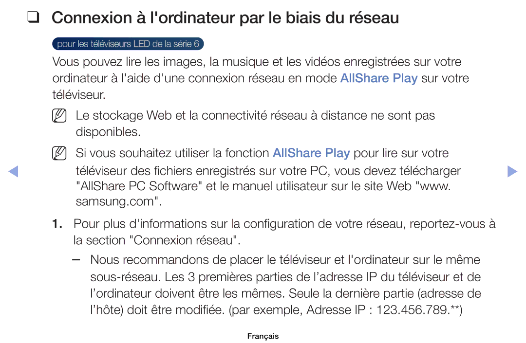 Samsung UE32EH6030WXZF, UE32EH4003WXZF, UE39EH5003WXZF, UE40EH6030WXZF manual Connexion à lordinateur par le biais du réseau 