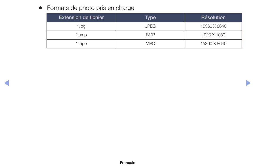 Samsung UE32EH6030WXZF, UE32EH4003WXZF, UE39EH5003WXZF, UE40EH6030WXZF, UE46EH6030WXZF manual Formats de photo pris en charge 