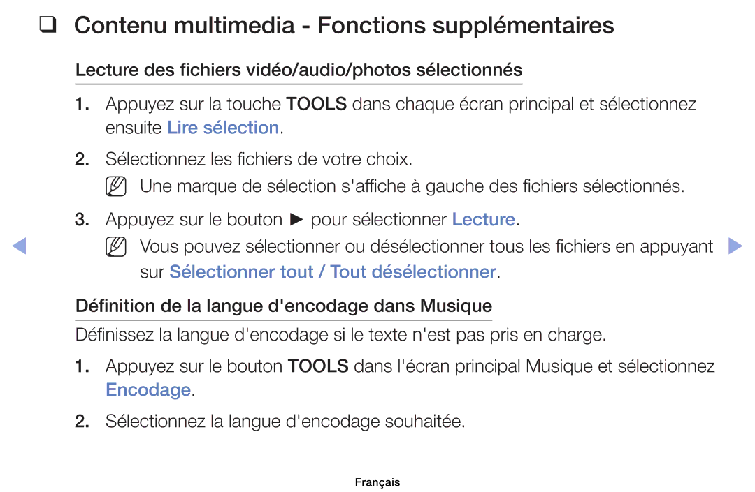 Samsung UE46EH6030WXZF manual Contenu multimedia Fonctions supplémentaires, Sur Sélectionner tout / Tout désélectionner 