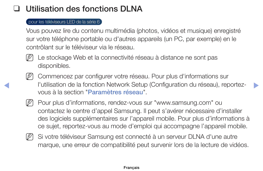 Samsung UE46EH6030WXZF, UE32EH4003WXZF, UE39EH5003WXZF Utilisation des fonctions Dlna, Vous à la section Paramètres réseau 