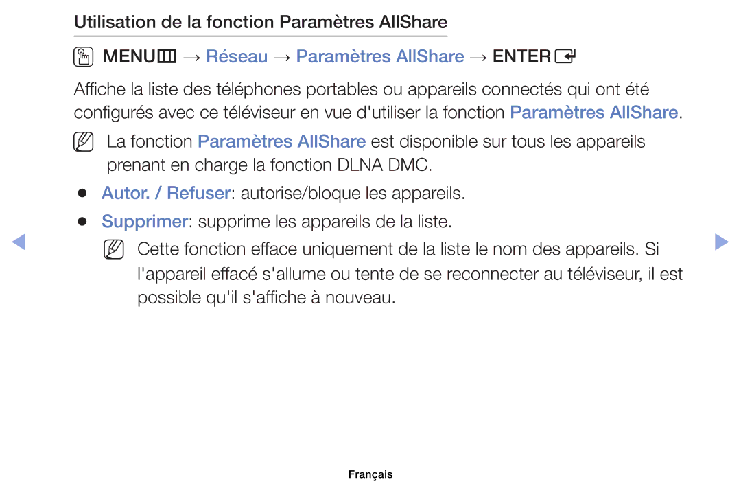 Samsung UE46EH6030WXZF, UE32EH4003WXZF Utilisation de la fonction Paramètres AllShare, Possible quil saffiche à nouveau 