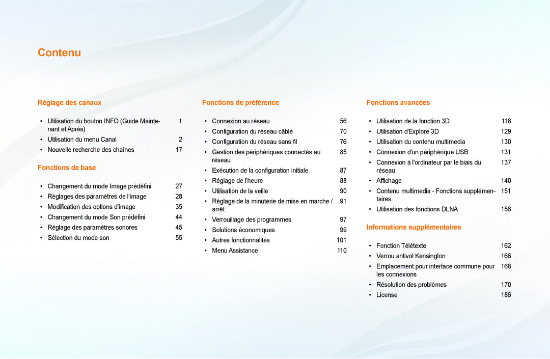 Samsung UE40EH6030WXZF, UE32EH4003WXZF, UE39EH5003WXZF, UE46EH6030WXZF, UE32EH6030WXZF manual Contenu 