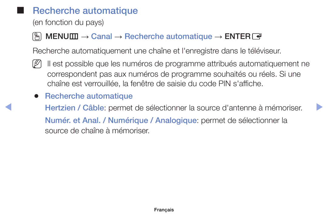 Samsung UE39EH5003WXZF, UE32EH4003WXZF manual En fonction du pays, OOMENUm → Canal → Recherche automatique → Entere 