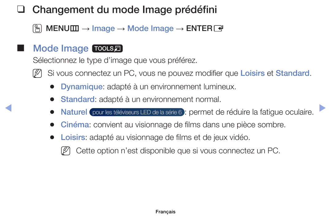 Samsung UE32EH6030WXZF Changement du mode Image prédéfini, Mode Image t, OOMENUm → Image → Mode Image → Entere, Naturel 