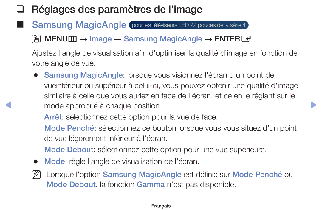 Samsung UE32EH4003WXZF manual Réglages des paramètres de l’image, Samsung MagicAngle, Mode approprié à chaque position 