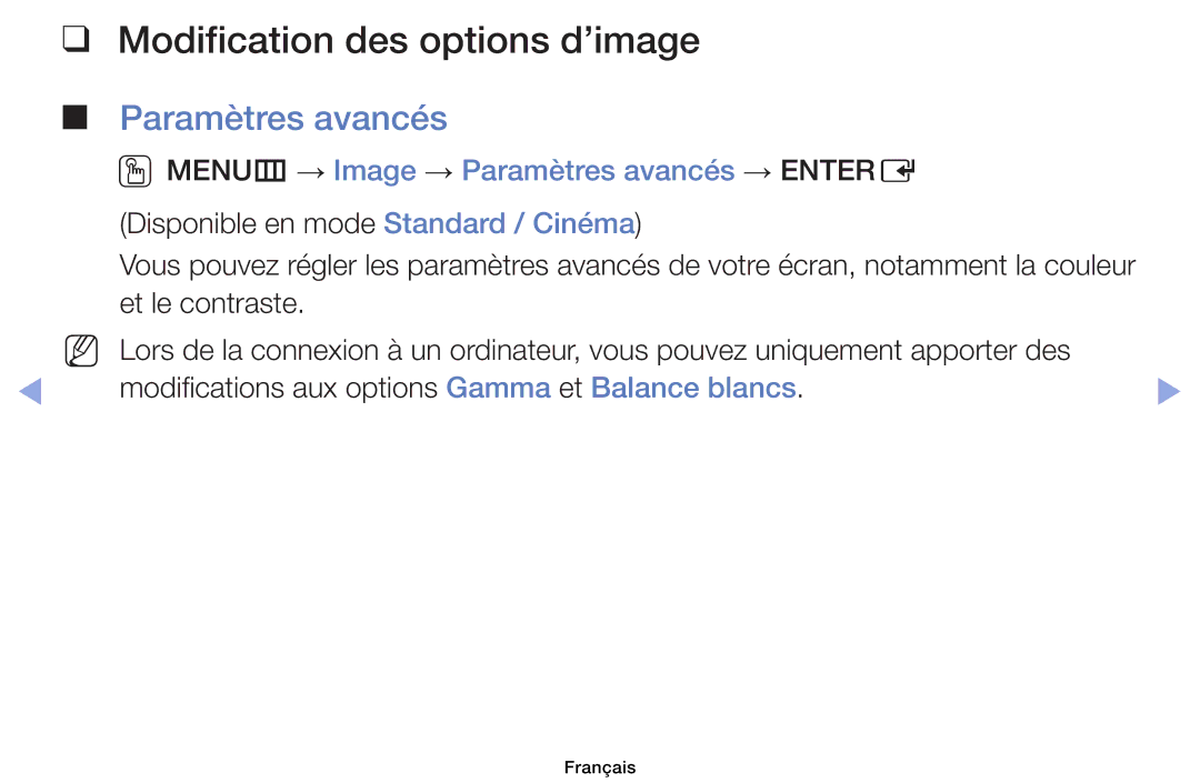 Samsung UE40EH6030WXZF, UE32EH4003WXZF Modification des options d’image, OOMENUm → Image → Paramètres avancés → Entere 