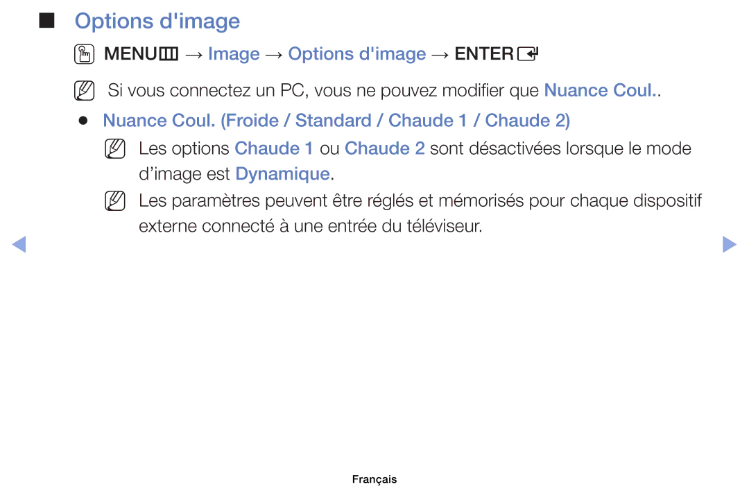 Samsung UE32EH4003WXZF OOMENUm → Image → Options dimage → Entere, Nuance Coul. Froide / Standard / Chaude 1 / Chaude 