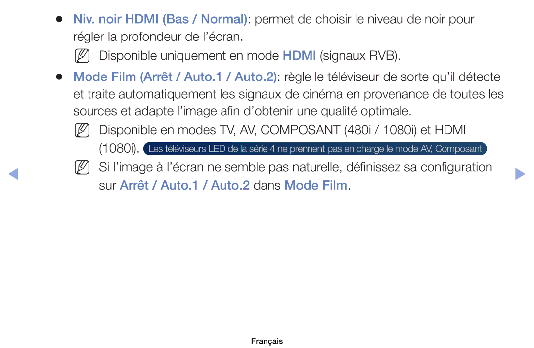 Samsung UE40EH6030WXZF, UE32EH4003WXZF, UE39EH5003WXZF, UE46EH6030WXZF manual Sur Arrêt / Auto.1 / Auto.2 dans Mode Film 