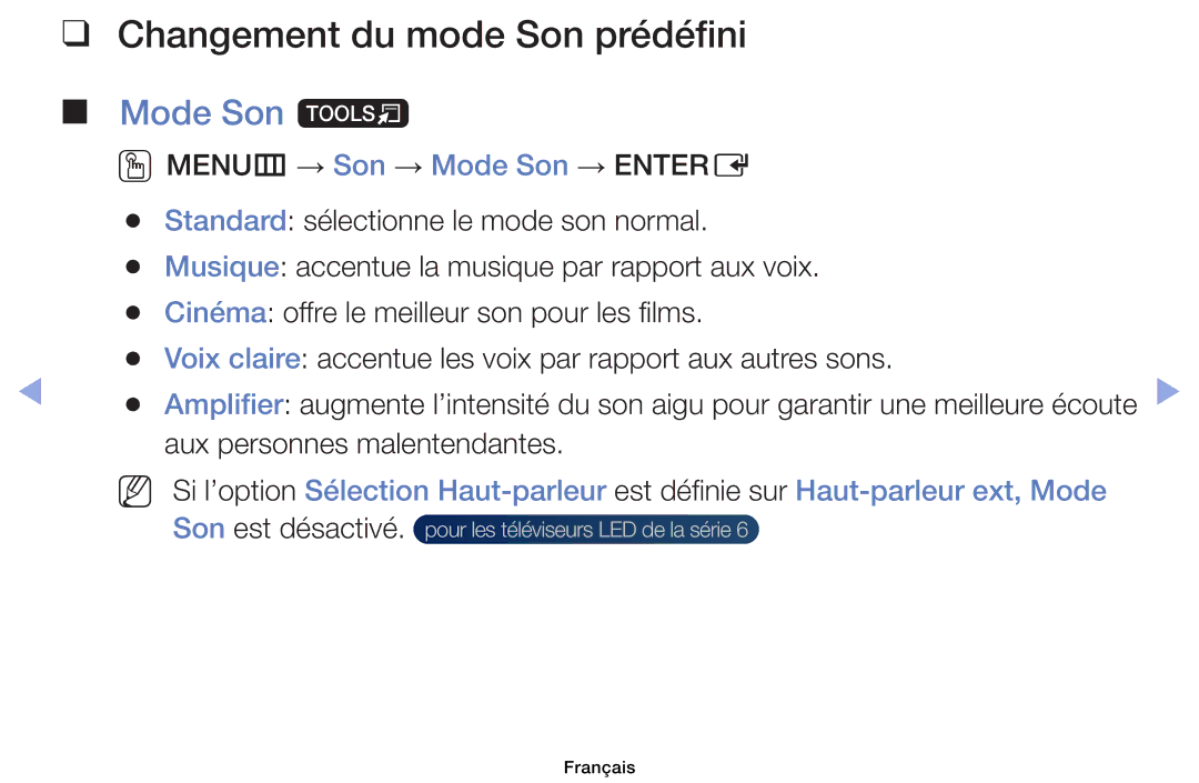 Samsung UE39EH5003WXZF, UE32EH4003WXZF, UE40EH6030WXZF, UE46EH6030WXZF manual Changement du mode Son prédéfini, Mode Son t 