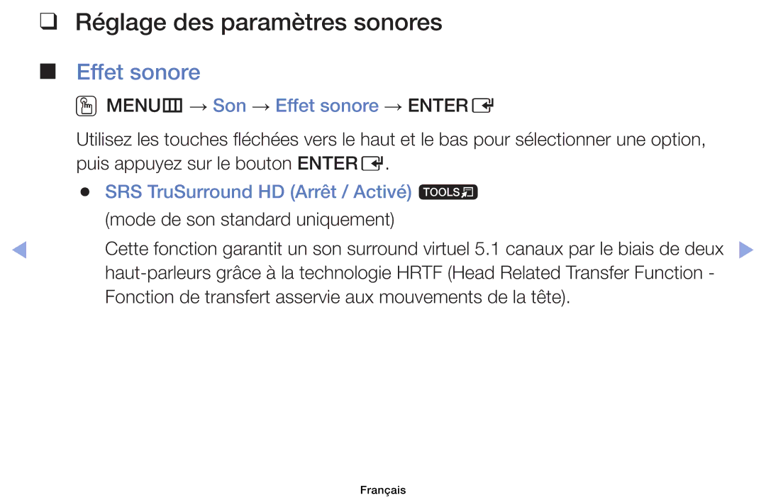 Samsung UE40EH6030WXZF, UE32EH4003WXZF manual Réglage des paramètres sonores, OOMENUm → Son → Effet sonore → Entere 