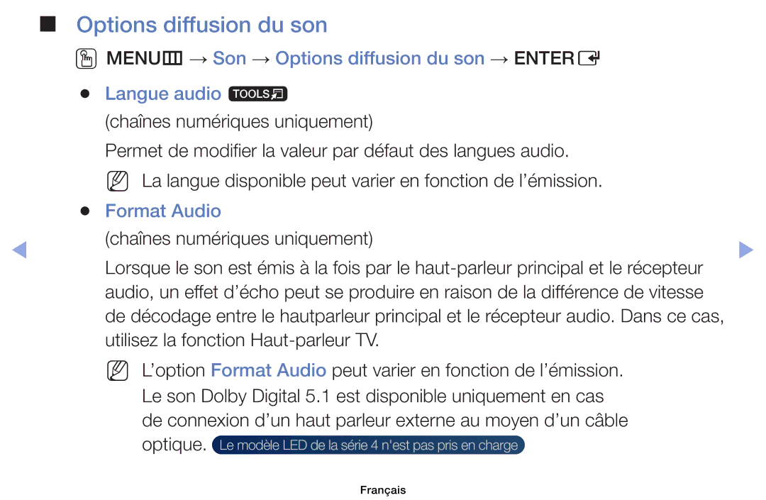 Samsung UE32EH6030WXZF, UE32EH4003WXZF, UE39EH5003WXZF, UE40EH6030WXZF, UE46EH6030WXZF Options diffusion du son, Format Audio 