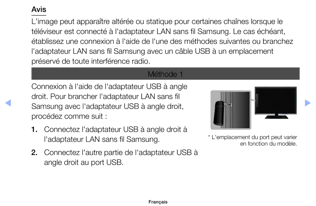 Samsung UE46EH6030WXZF, UE32EH4003WXZF, UE39EH5003WXZF manual Lemplacement du port peut varier en fonction du modèle 