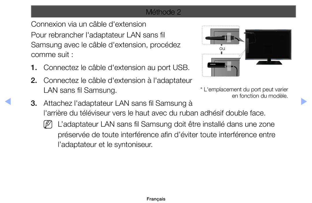 Samsung UE32EH6030WXZF, UE32EH4003WXZF, UE39EH5003WXZF, UE40EH6030WXZF manual Attachez ladaptateur LAN sans fil Samsung à 