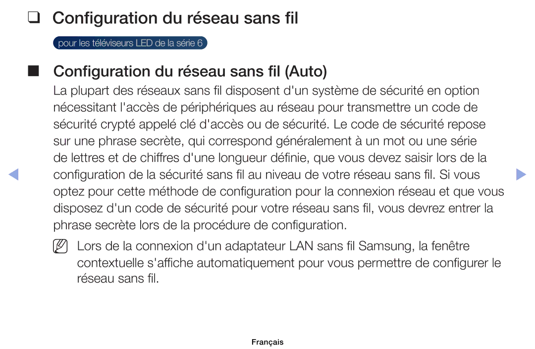 Samsung UE46EH6030WXZF, UE32EH4003WXZF, UE39EH5003WXZF, UE40EH6030WXZF manual Configuration du réseau sans fil Auto 