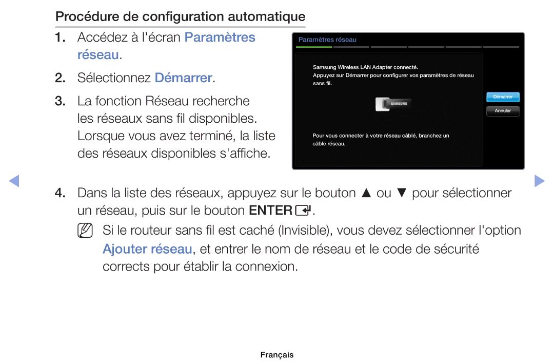 Samsung UE32EH6030WXZF, UE32EH4003WXZF manual Un réseau, puis sur le bouton Entere, Corrects pour établir la connexion 