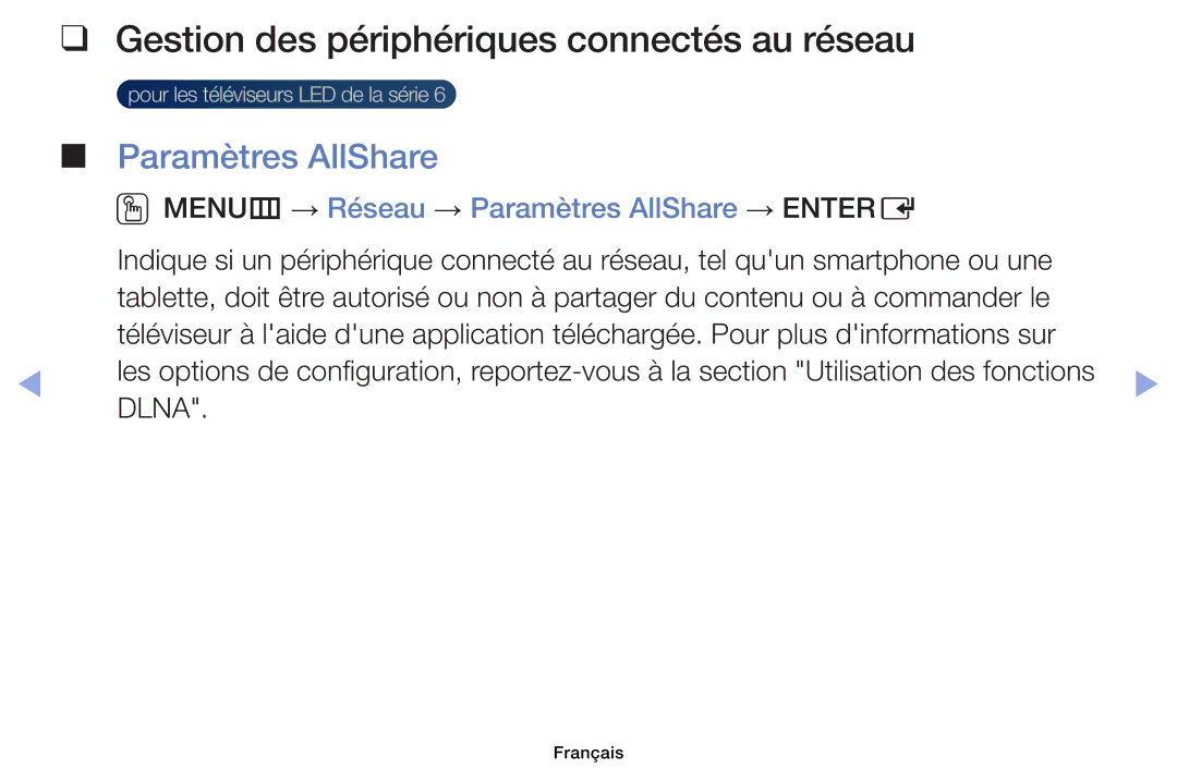 Samsung UE40EH6030WXZF, UE32EH4003WXZF, UE39EH5003WXZF Gestion des périphériques connectés au réseau, Paramètres AllShare 