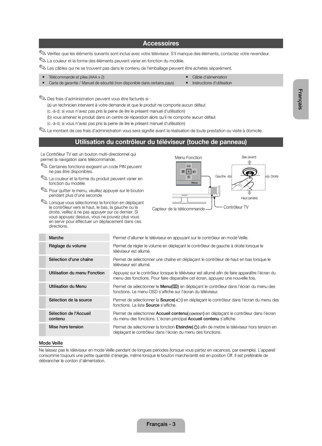 Samsung UE32EH4003WXZF manual Accessoires, Utilisation du contrôleur du téléviseur touche de panneau, Mode Veille 