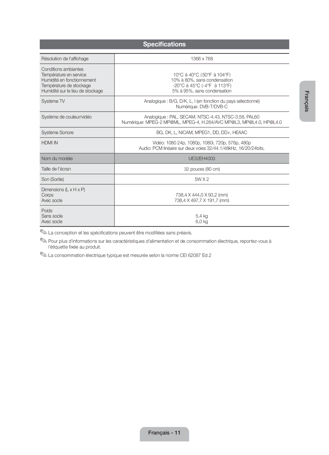 Samsung UE32EH4003WXZF Résolution de l’affichage, Conditions ambiantes Température en service, Humidité en fonctionnement 