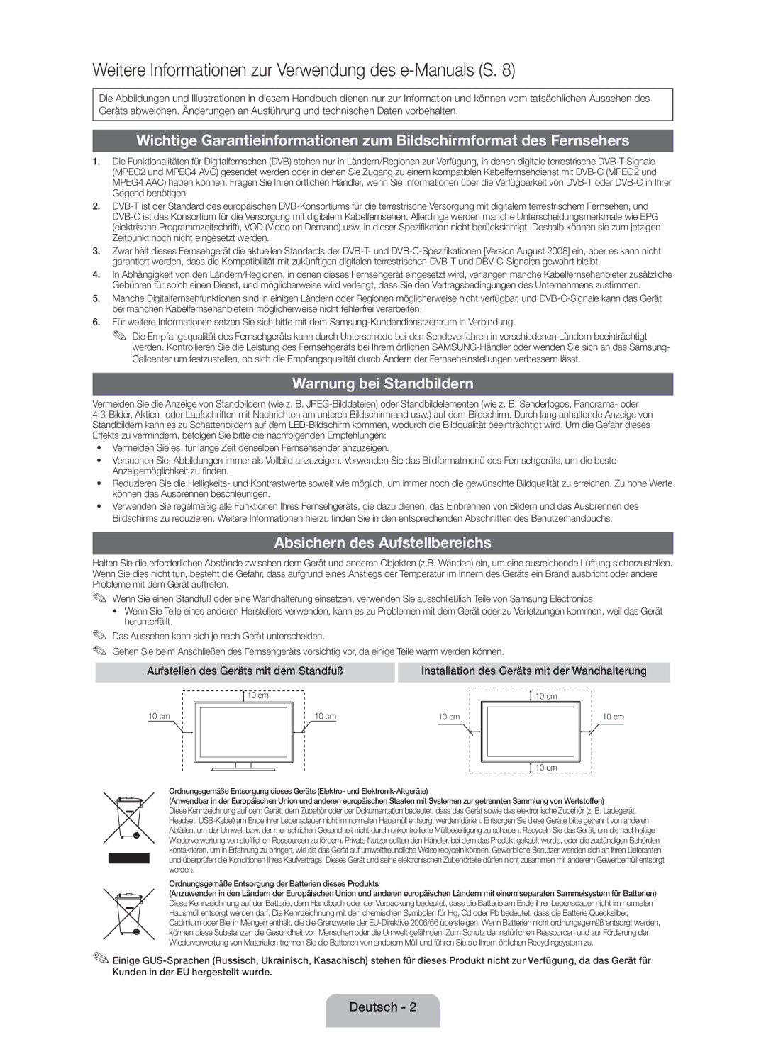 Samsung UE32EH4003WXZF manual Warnung bei Standbildern, Absichern des Aufstellbereichs 