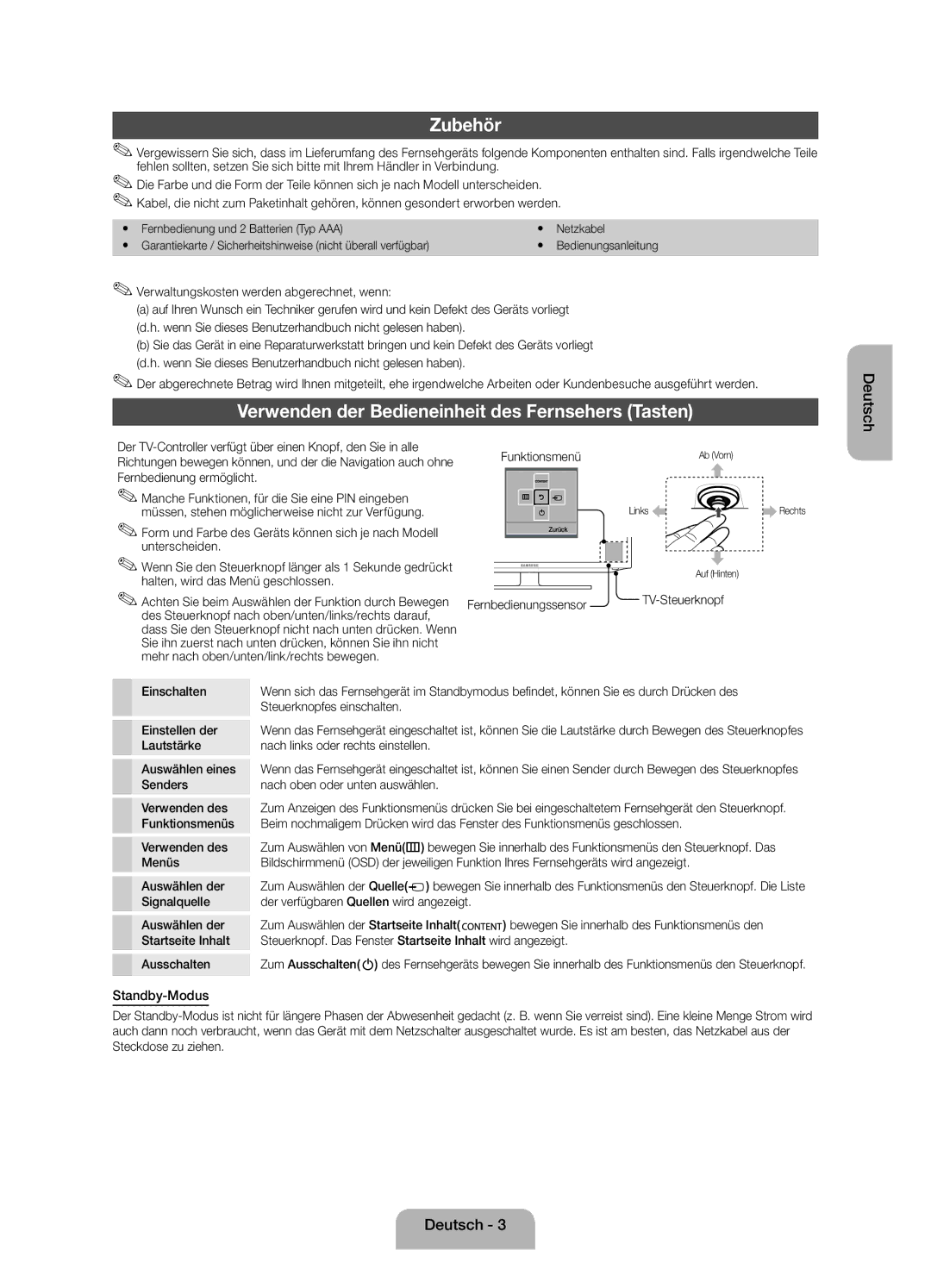 Samsung UE32EH4003WXZF manual Zubehör, Verwenden der Bedieneinheit des Fernsehers Tasten, Standby-Modus 