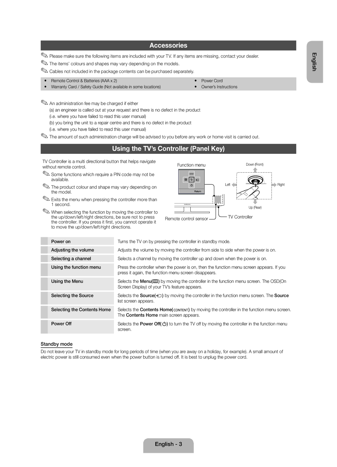 Samsung UE32EH4003WXZF manual Accessories, Using the TV’s Controller Panel Key, Standby mode 