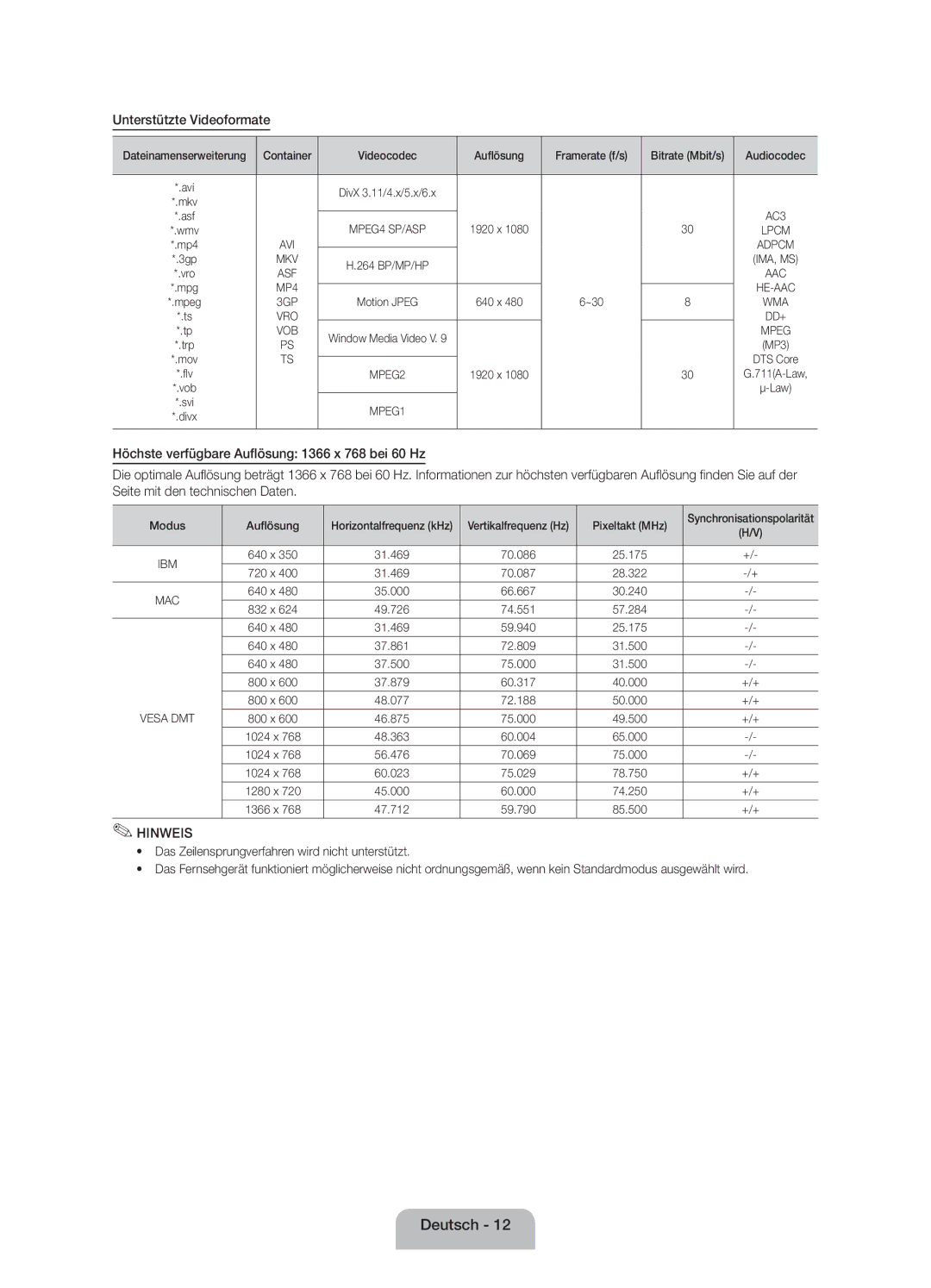 Samsung UE32EH4003WXZF manual Unterstützte Videoformate, Modus 