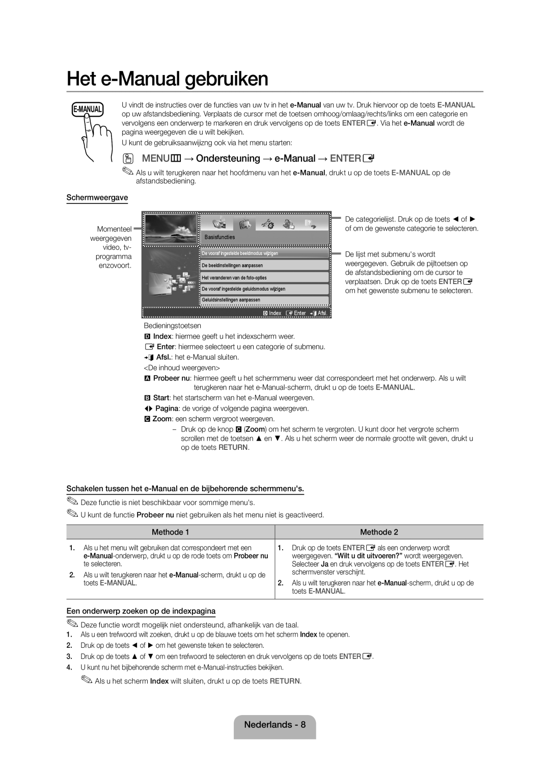 Samsung UE32EH4003WXZF manual Schermweergave, Een onderwerp zoeken op de indexpagina 